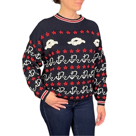 Vintage Sweaters - VINTAGE CHAUS SPORT NAUTICAL ANCHOR CREW NECK DROP SHOULDER CREW NECK SWEATER